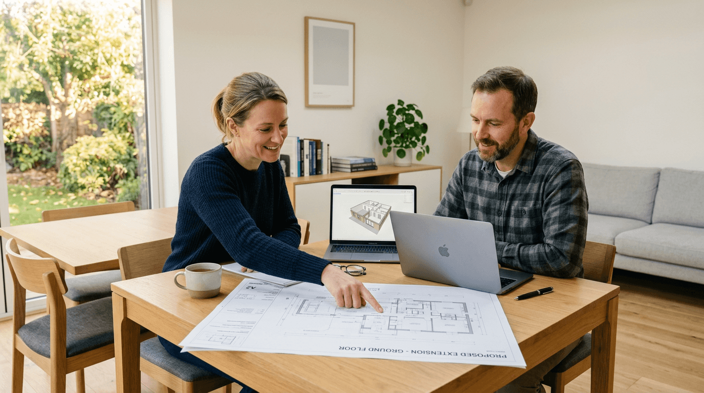 UK homeowners reviewing home extension quotes