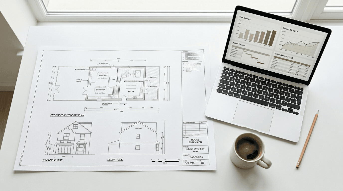 Architectural house extension plans alongside a laptop showing AI-generated cost estimates and budget data