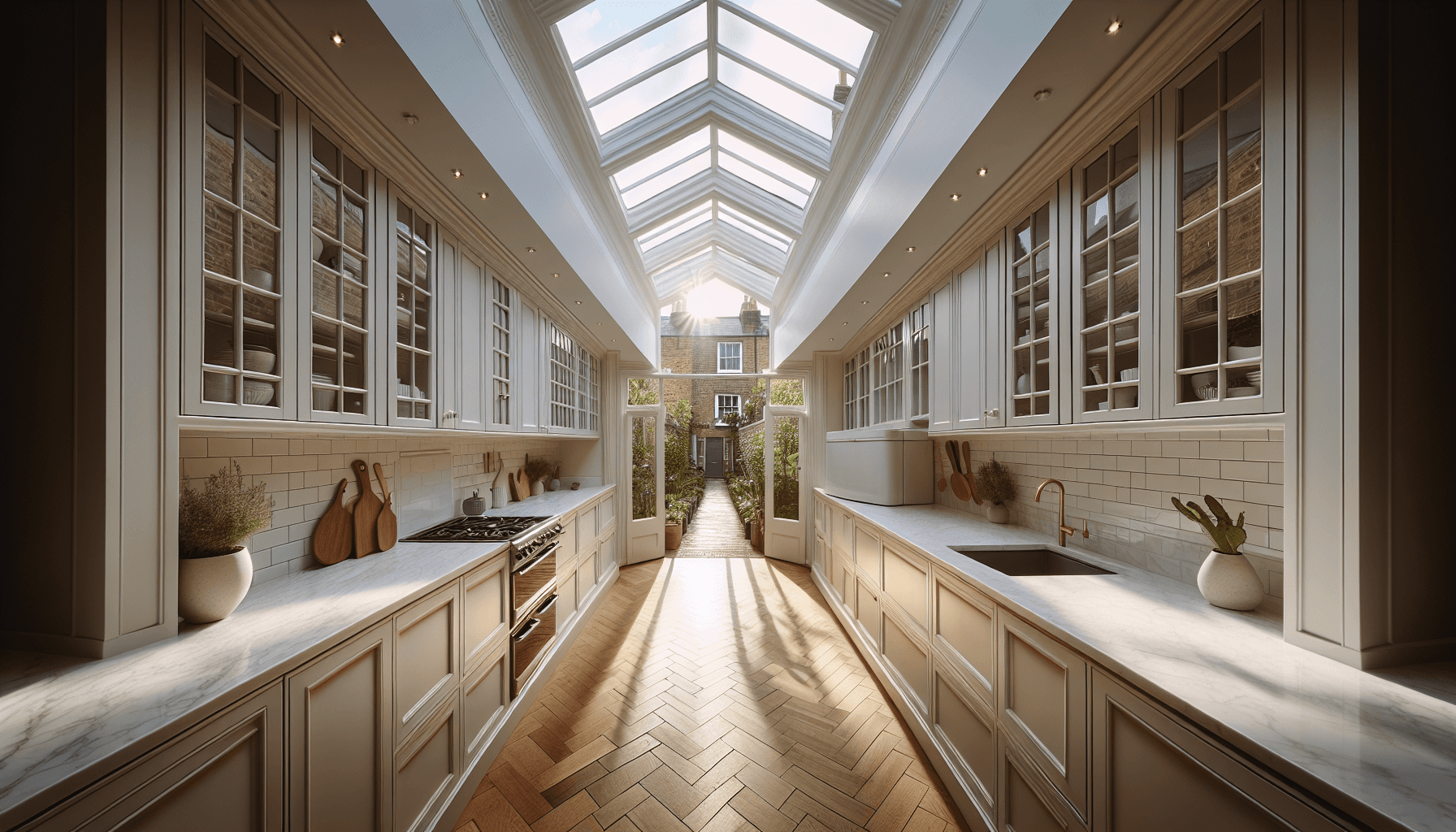 Open-plan kitchen extension with skylights and bifold doors to the garden