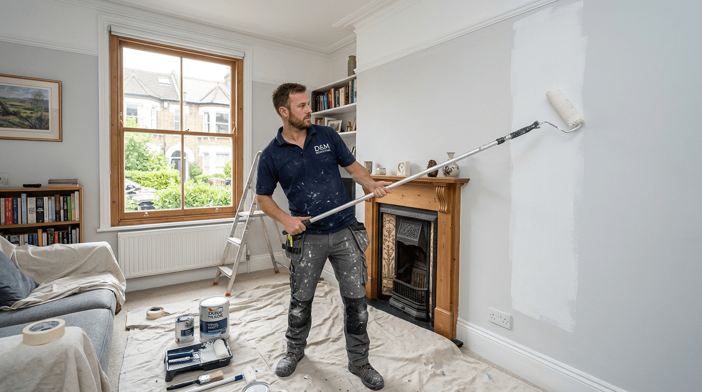 Decorator painting the walls of a UK Victorian living room