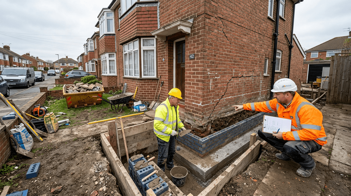 Engineers inspecting structural crack and underpinning on a UK home